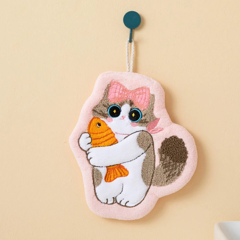 Cute Cat Hand Towel Coral Fleece Absorbent Bathroom Kitchen Washcloth