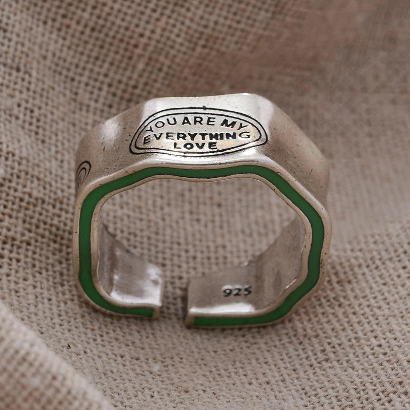 Elegant Green Stripe Letter Carving Silver Ring for Women - Retro Thai Jewelry Gift