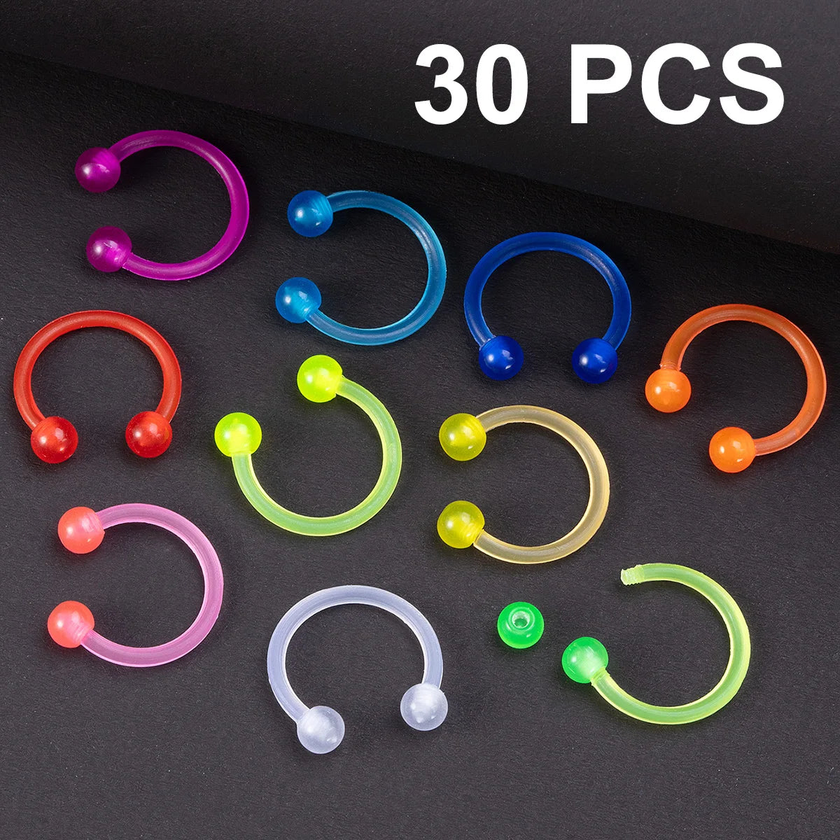 10-Piece Flexible Septum and Body Piercing Ring Set - Acrylic Horseshoe Jewelry