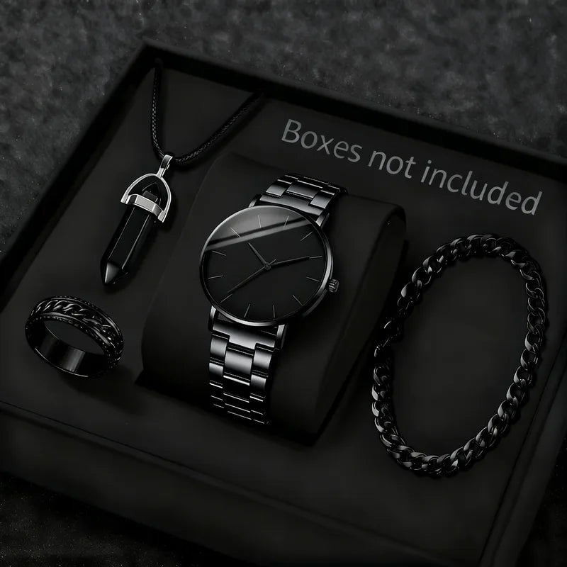 Men's Fashion Watch Jewelry Set - Quartz Wristwatch, Necklace, Bracelet & Ring, Multiple Colors