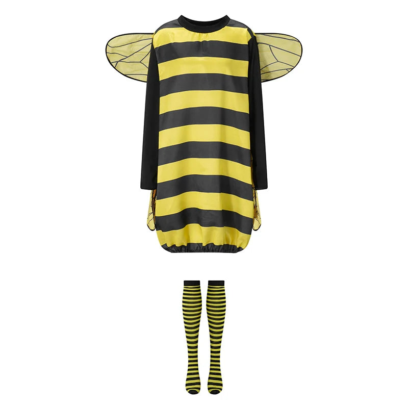 Women Halloween Bee Costume Long Sleeve Striped Patchwork Dress with Knee-high Socks & Hair Hoop