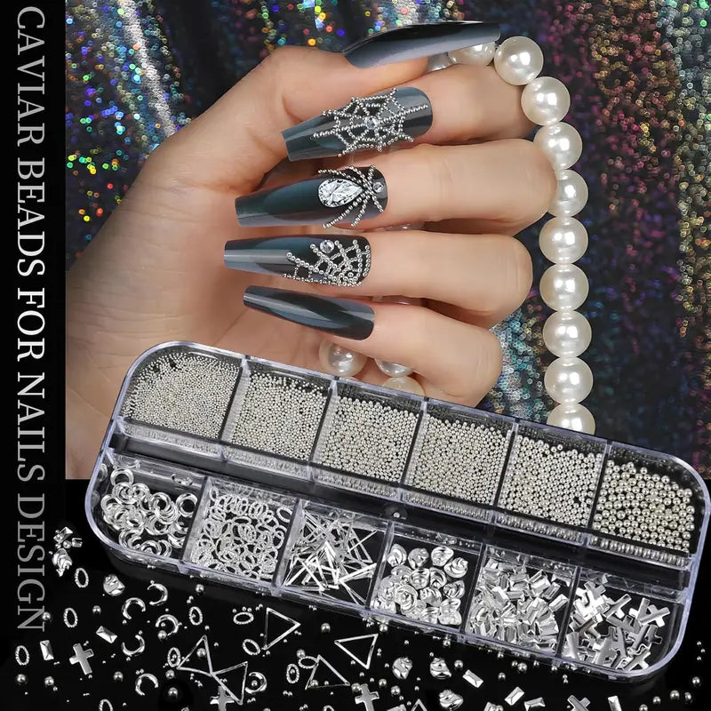 4 Box Nail Rhinestones Set with 3D Cross & Heart Charms for DIY Nail Art - Silver
