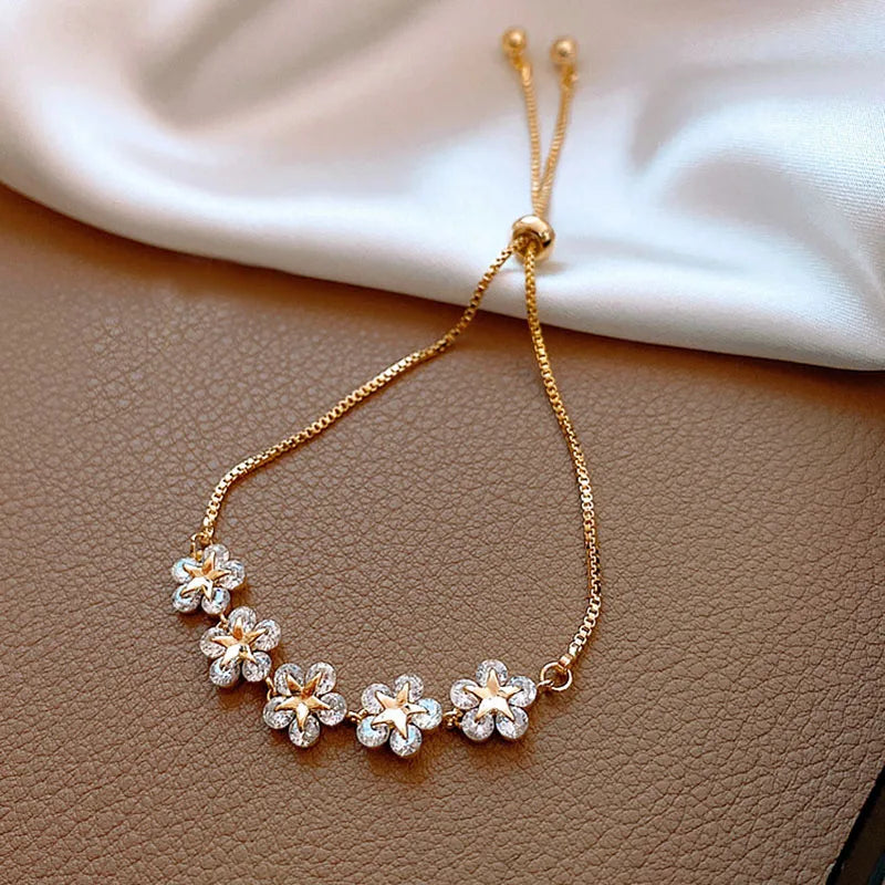 Gold Plated Crystal Flower Charm Bracelet for Women Wedding Gift Jewelry