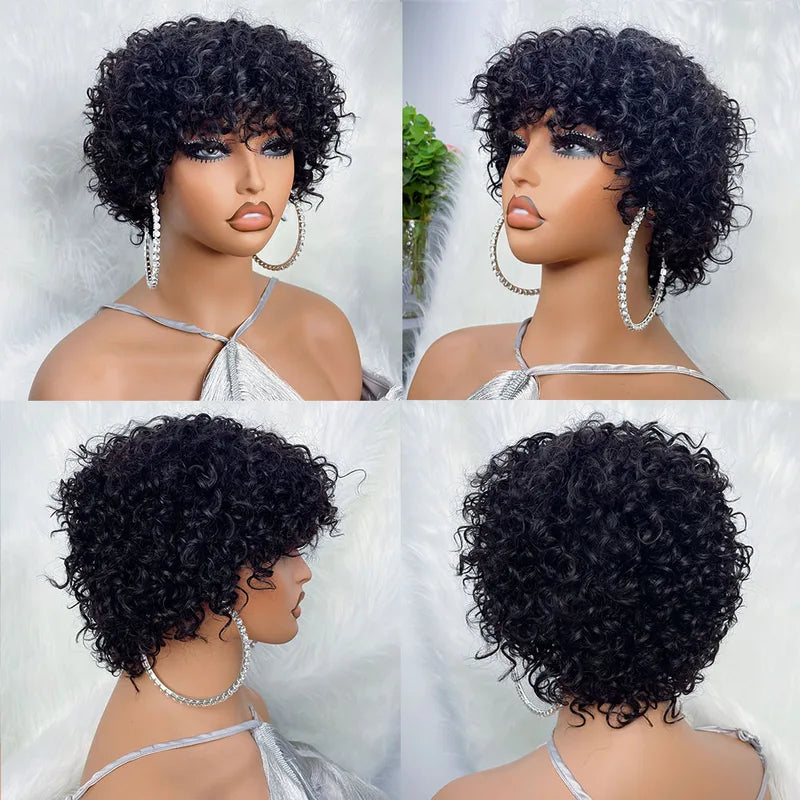Short Pixie Curly Wig for Black Women - 8 Inch Human Hair Afro Bob with Bangs