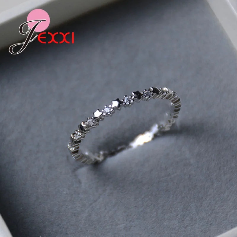 Delicate Solid 925 Silver Finger Ring with CZ Stars for Women - Wedding Gift