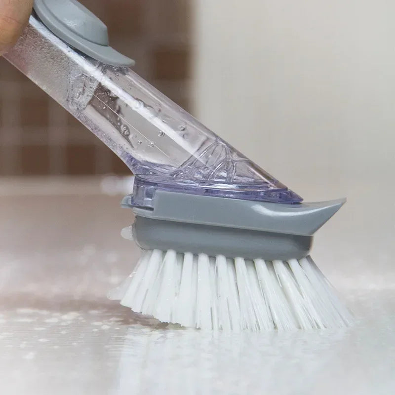 2-in-1 Kitchen Cleaning Brush with Removable Sponge & Soap Dispenser - Long Handle, Scraper
