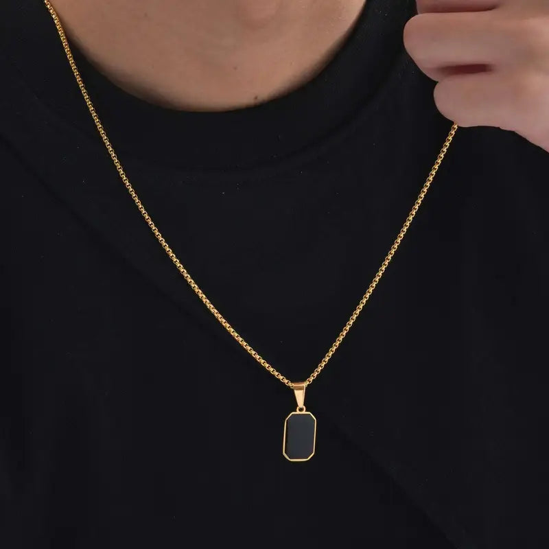 Men's Black Enamel Necklace with Geometric Square Dogtags - Stainless Steel, Anniversary Gift