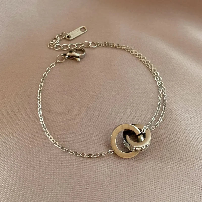 Double Ring Cross Zircon Bracelet for Women Stainless Steel Jewelry