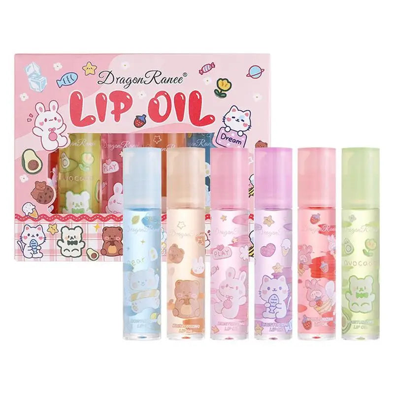 Moisturizing Lip Oil Set with Flower Essential Oils - 6pcs Natural Gloss for Women & Kids