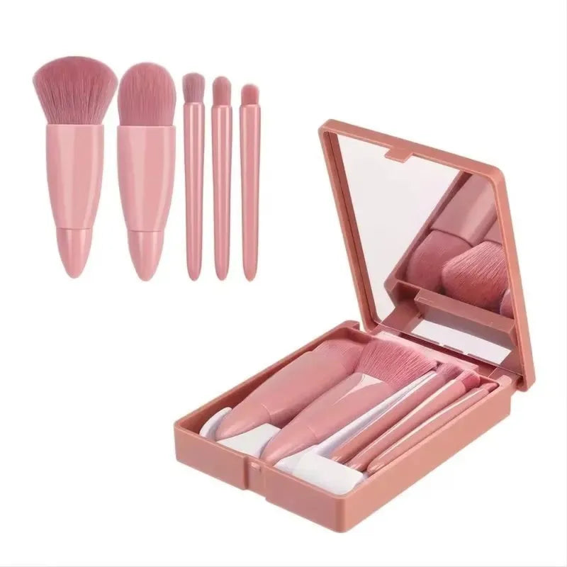 5-Piece Makeup Brush Set with Mirror & Case - Portable Cosmetic Tools