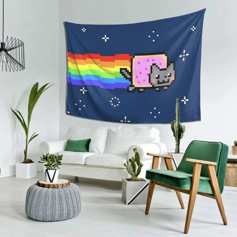 Pixel Art Cat Tapestry Wall Hanging for Bedroom Living Room Decor