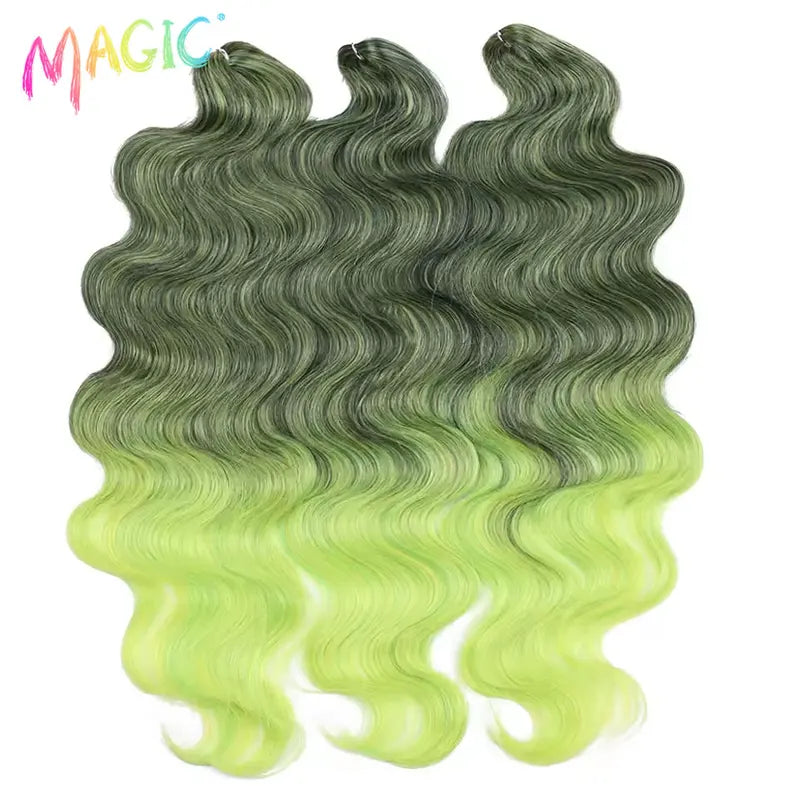 Long Synthetic Body Wave Crochet Hair Extensions 24 Inch Ombre Blue Green