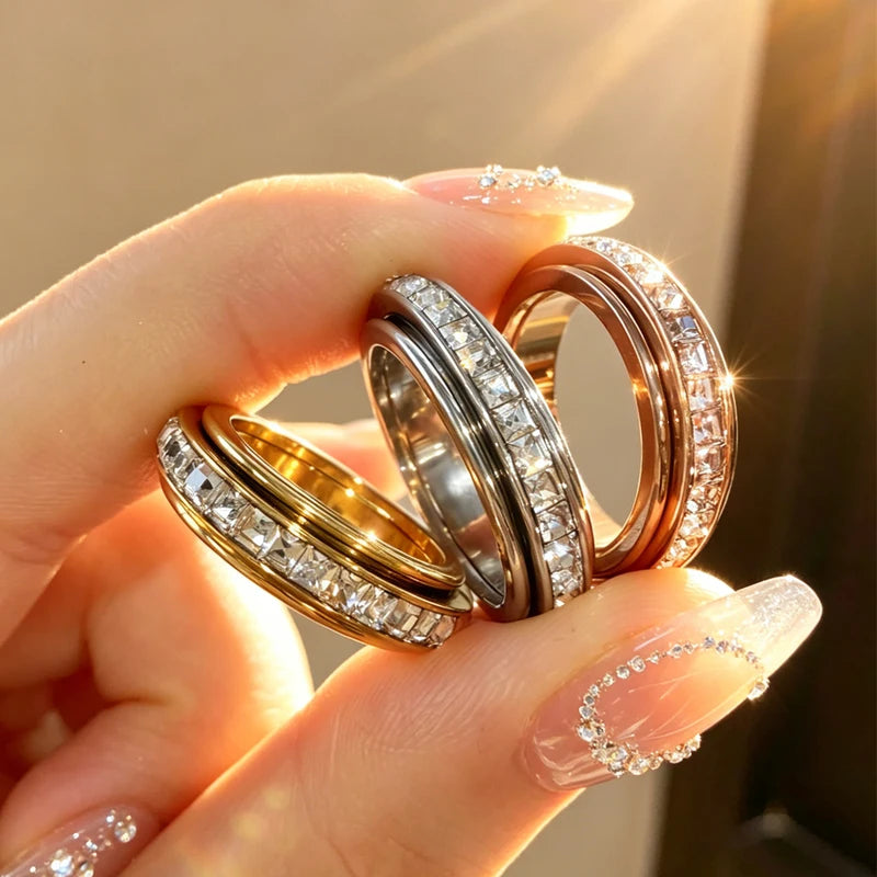 Stainless Steel Zirconia Spinner Rings for Anxiety Relief - Women & Men Jewelry Gift