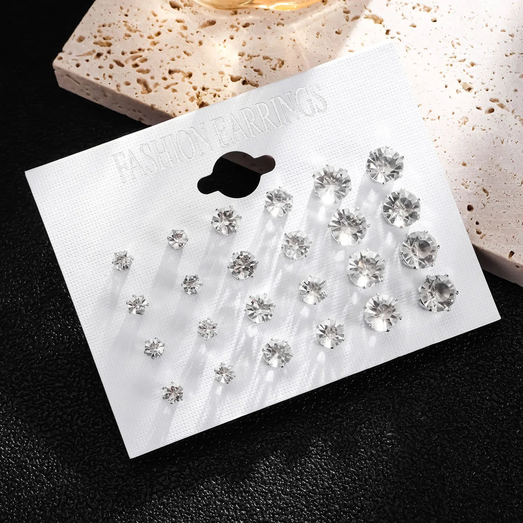 12-Pair White Shiny Wedding Stud Earrings Set for Women & Men Crystal Jewelry