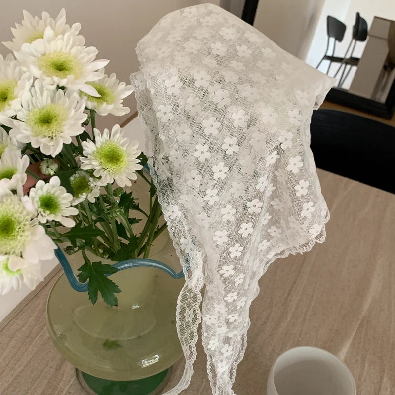 Elegant Lace Flower Triangle Scarf for Women - Breathable White Fashion Accessory