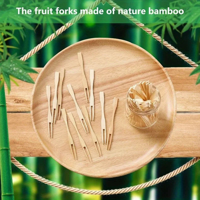 Disposable Bamboo Fruit Forks - 9cm Double Prong Cocktail Forks, 100 or 500 pcs