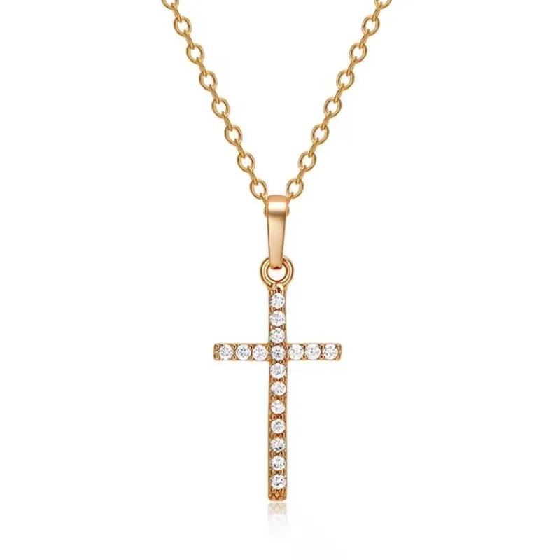 Long Chain Rhinestone Cross Necklace for Women & Men - Silver or Gold