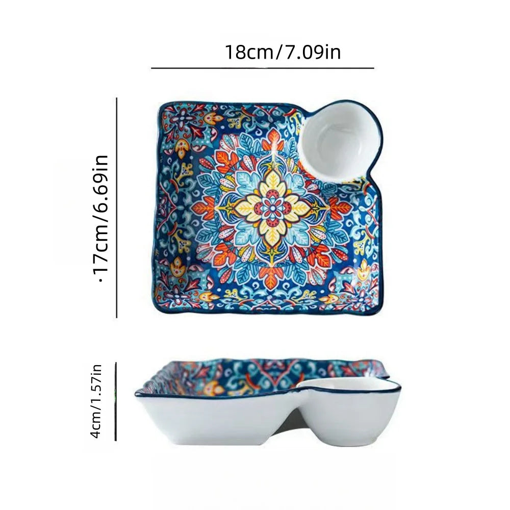 Bohemian Ceramic Dumpling Plate with Vinegar Dish - Segmented Breakfast Serving Plate