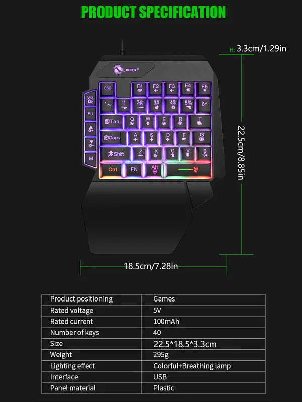 Mechanical One-Handed Light Game Keyboard with Radium Engraving and Support