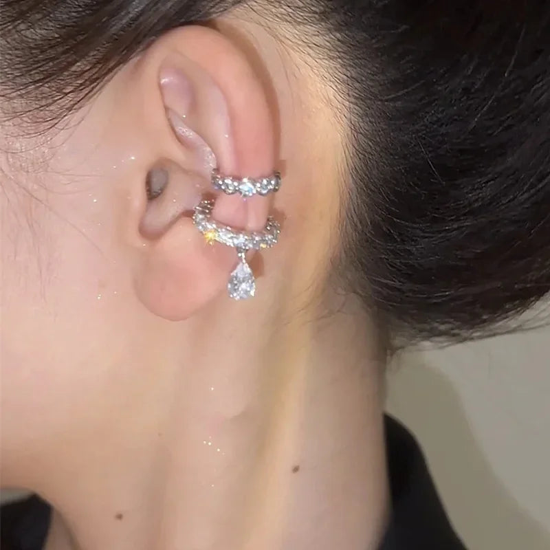 Silver Zirconia Pearl Clip-On Earrings for Women Geometric Ear Cuff Jewelry