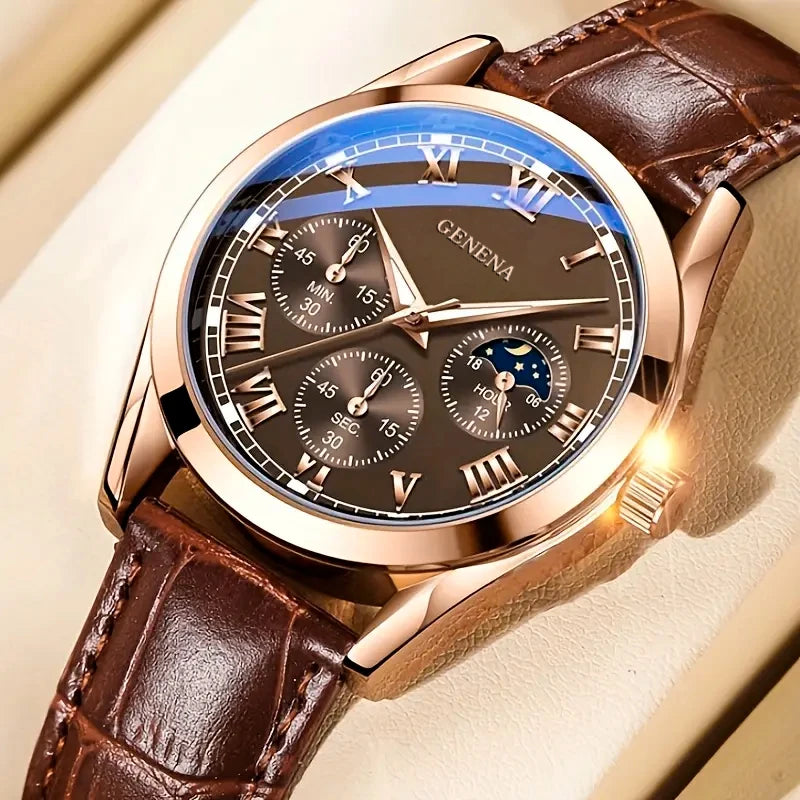 Men's Business and Casual Quartz Watch with Leather Strap and Roman Numeral Dial