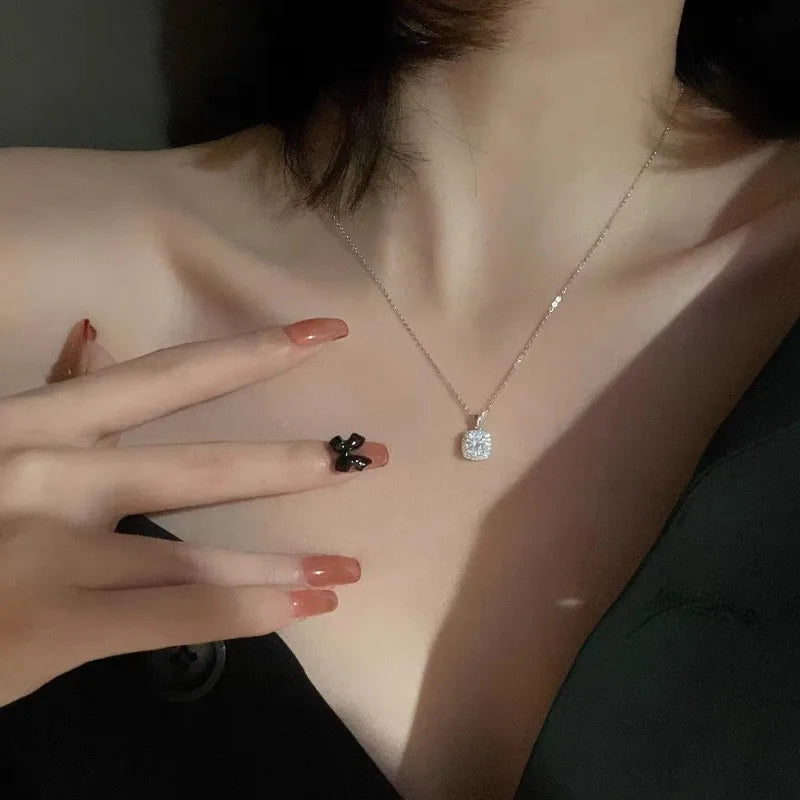 Stainless Steel Square Zircon Pendant Necklace for Women Jewelry Accessory