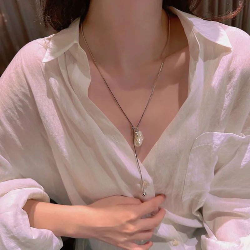 Long Baroque Pearl Necklace for Women Adjustable Chain Fashion Jewelry