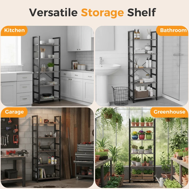 Wooden 5-Tier Standing Bookcase with Adjustable Feet - Sturdy Storage Shelf