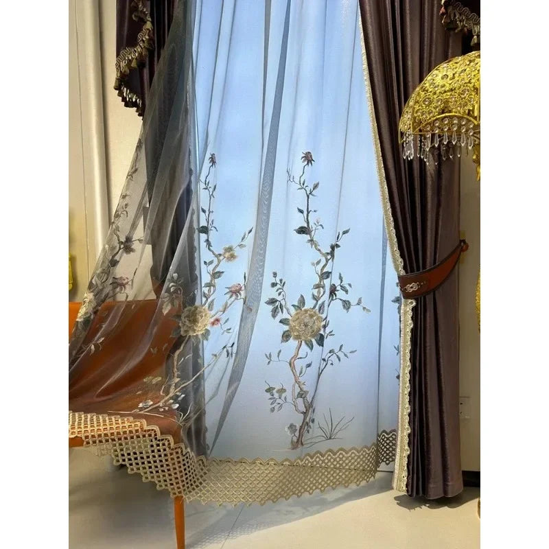 Elegant Gauze Curtains with Embroidered Lace for Living Room, Bedroom & Dining