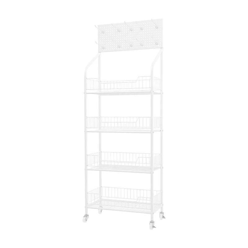4-Tier Metal Retail Display Rack with Hooks and Baskets - White, Adjustable Heavy Duty Storage Shelf for Store & Supermarket