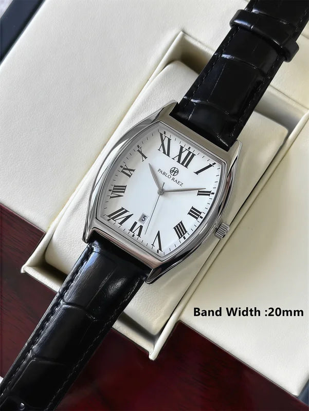 Luxury Quartz Watch for Men Waterproof Leather Wristwatch with Barrel Shape and Date Function