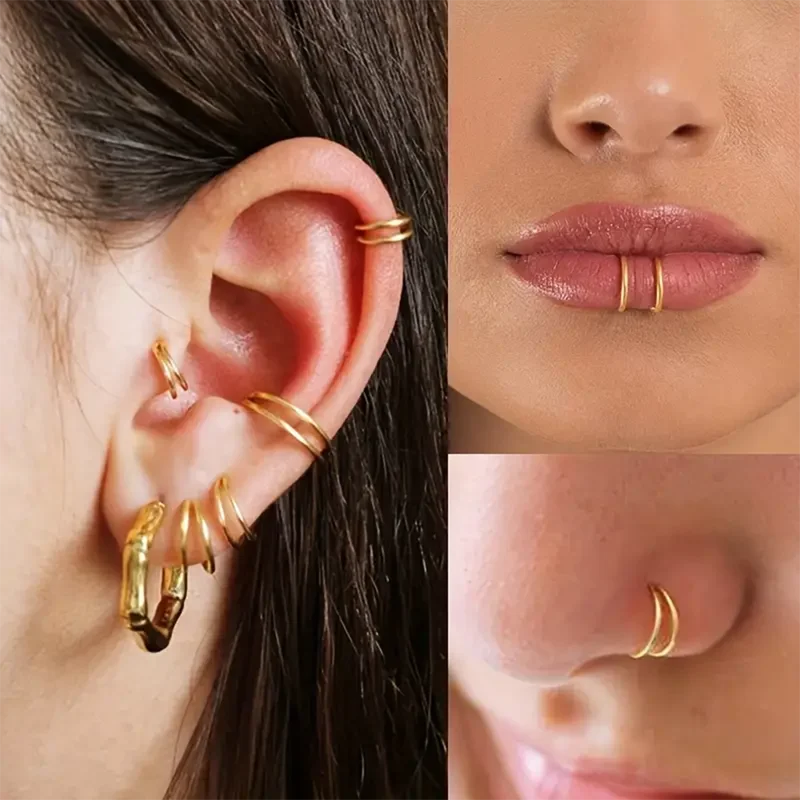 2pcs Double Nose Hoop Ring Twist Lip Cartilage Earrings for Men and Women