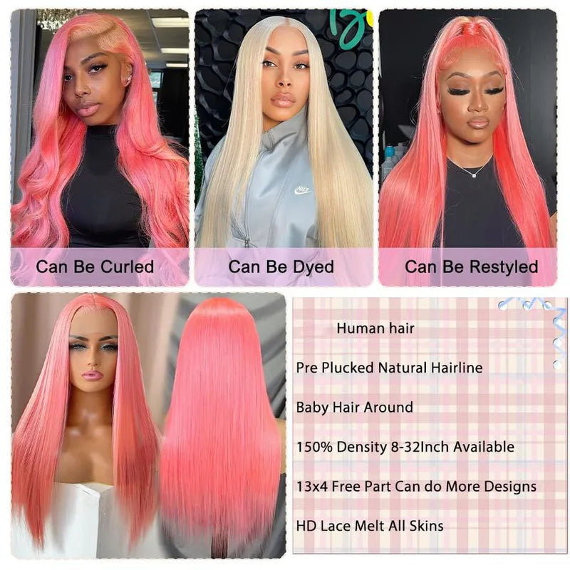 Pink Lace Front Wig 30 Inch Human Hair with Pre-Plucked Natural Hairline