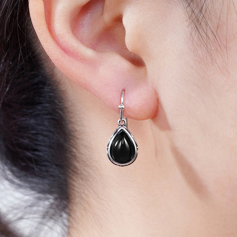 Ethnic Style Drop Earrings for Women with Carved Pattern - Pear Stone Dangle Jewelry