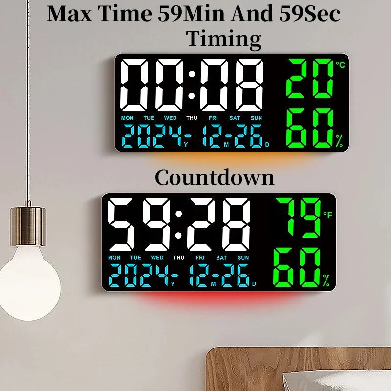 Digital Wall Clock with 7-Color Mood Light, Dual Alarm, Temperature & Humidity Display