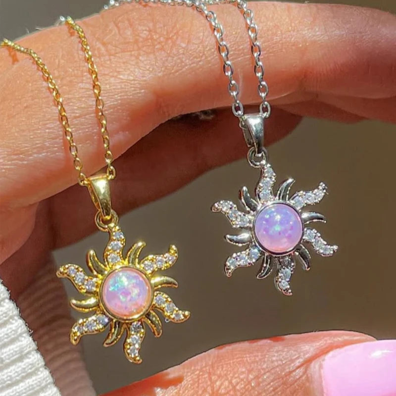 Sun Necklace for Women Gold Plated Opal Sun Pendant Choker Jewelry Gift