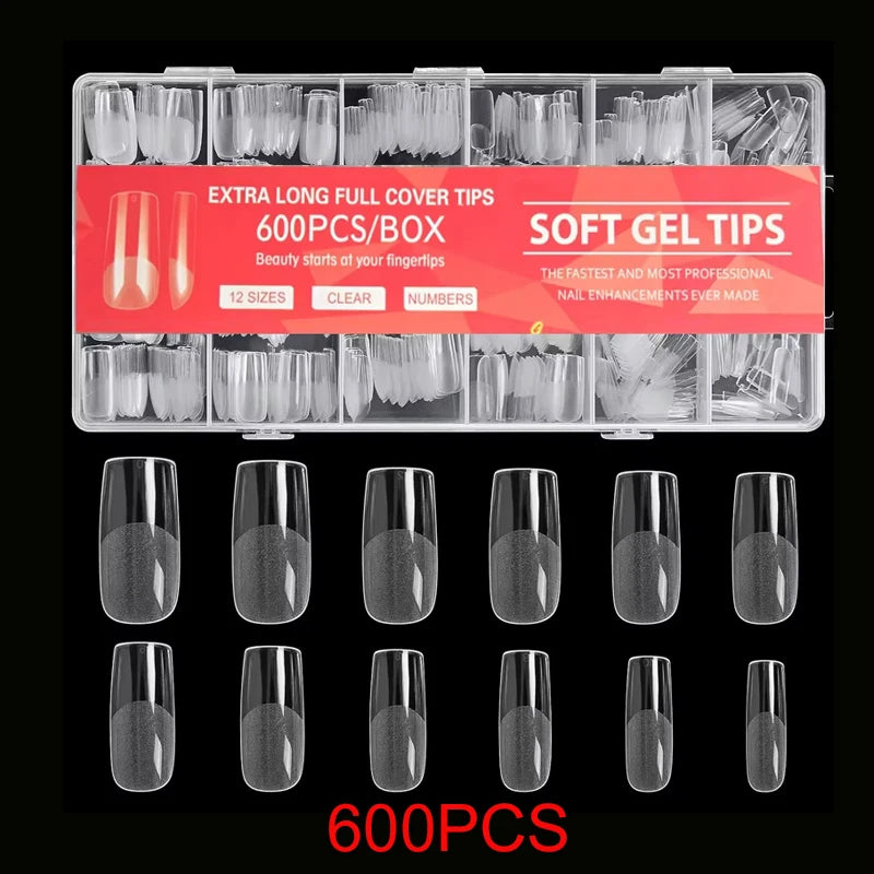 Artificial Square Nail Tips - Full Cover Gel Nails, 12 Sizes, Soft Transparent