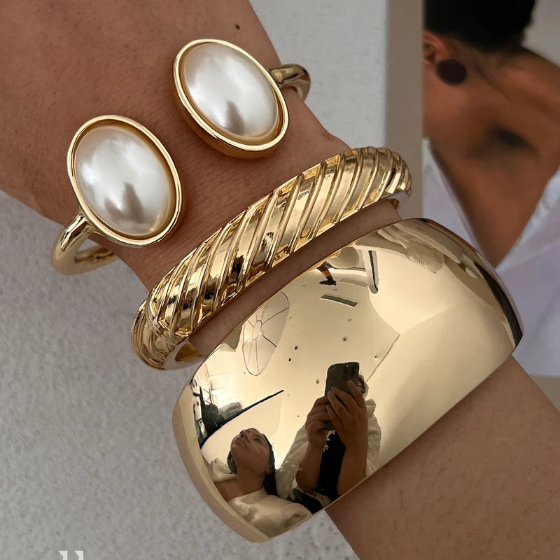 Exaggerated Punk Heavy Metal Chunky Spring Bangles - Gold & Silver Arm Cuffs for Women & Men
