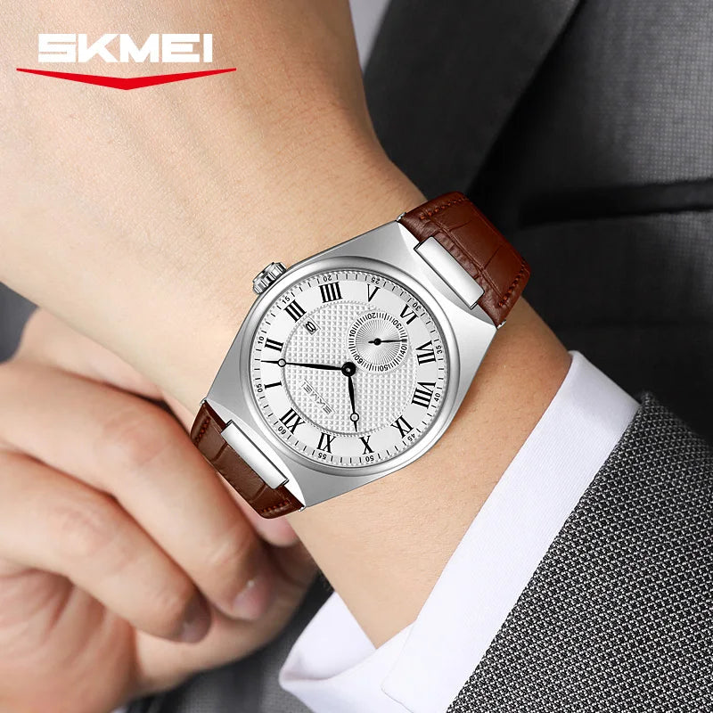 Men's Elegant Quartz Watch with Roman Dial Waterproof Leather Strap Casual Business Watch
