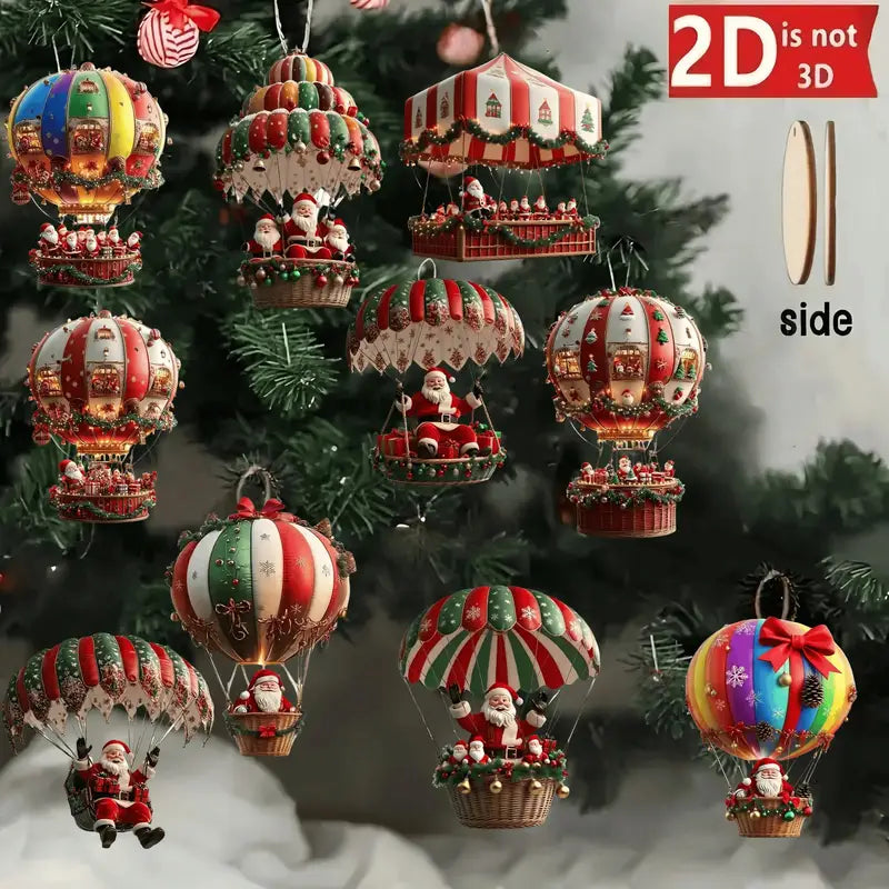 Set of 10 Santa Claus Parachute Wooden Hanging Ornaments Holiday Decorations