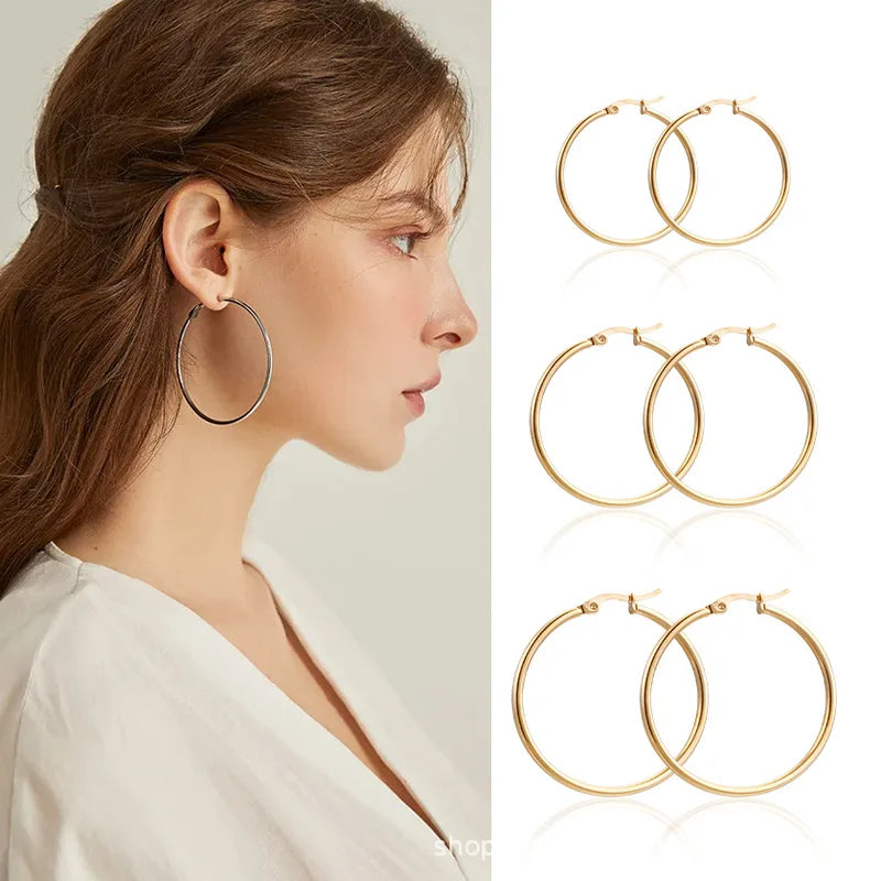 Stainless Steel Hoop Earrings for Women Men Large Small Circle Jewelry - Gold Color
