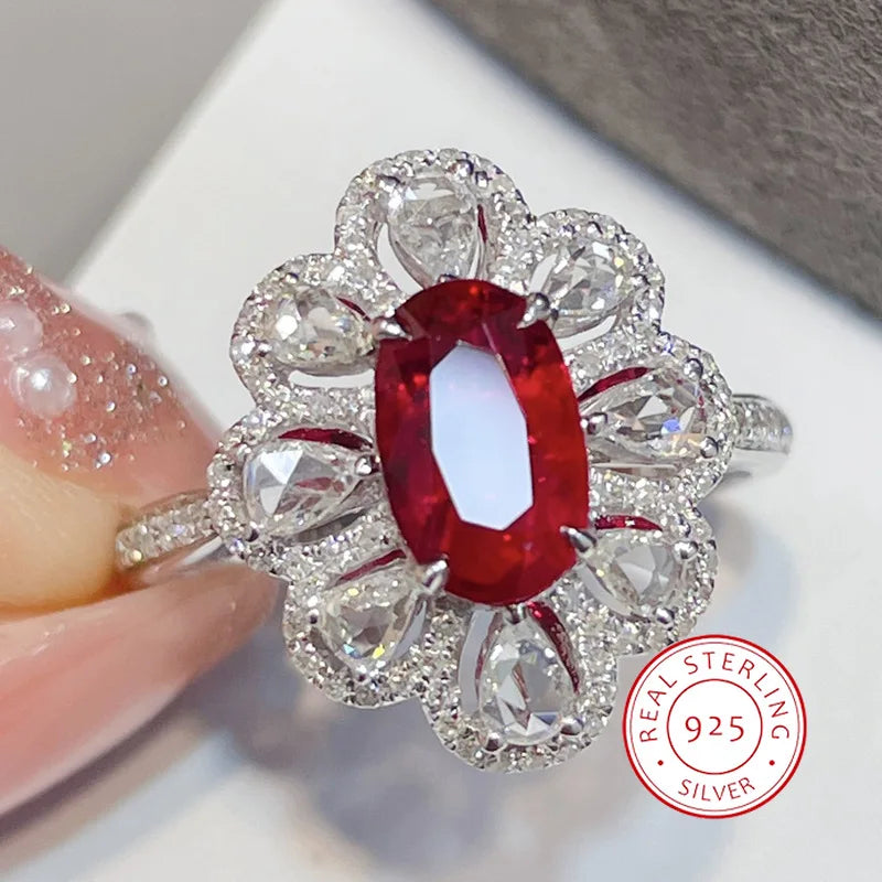 Luxury Red Oval Gemstone Ring with Diamond Zircon in Sterling Silver for Special Occasions
