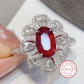 Luxury Red Oval Gemstone Ring with Diamond Zircon in Sterling Silver for Special Occasions