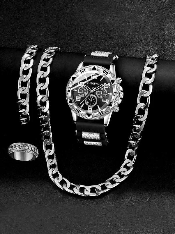 Casual Men's Quartz Watch & Chain Ring Set - Stylish Daily Accessory Combo