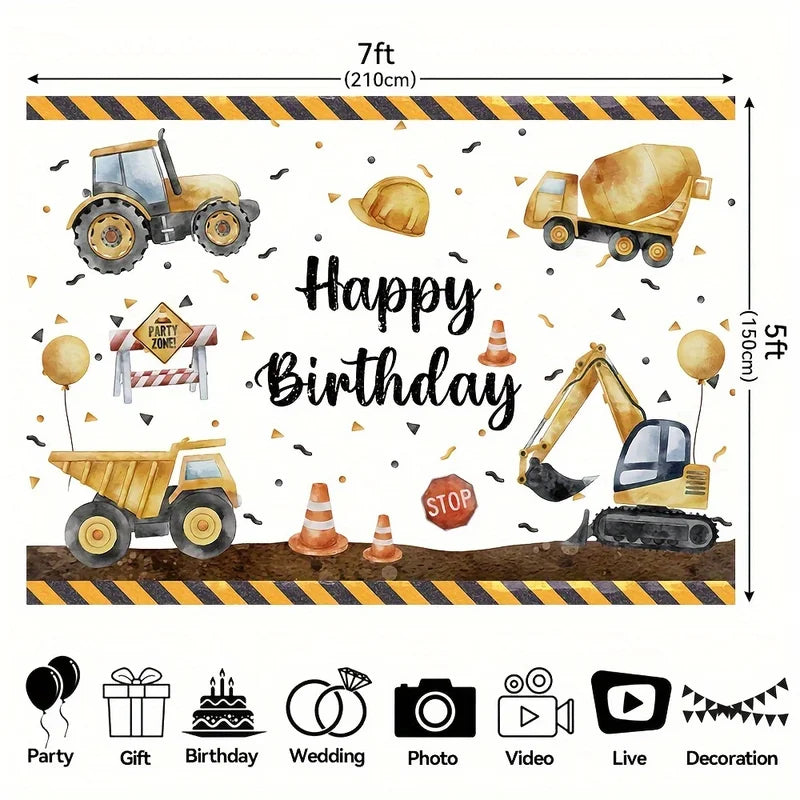 Construction Theme Birthday Backdrop Banner for Kids Party - Excavator Crane Truck Decoration