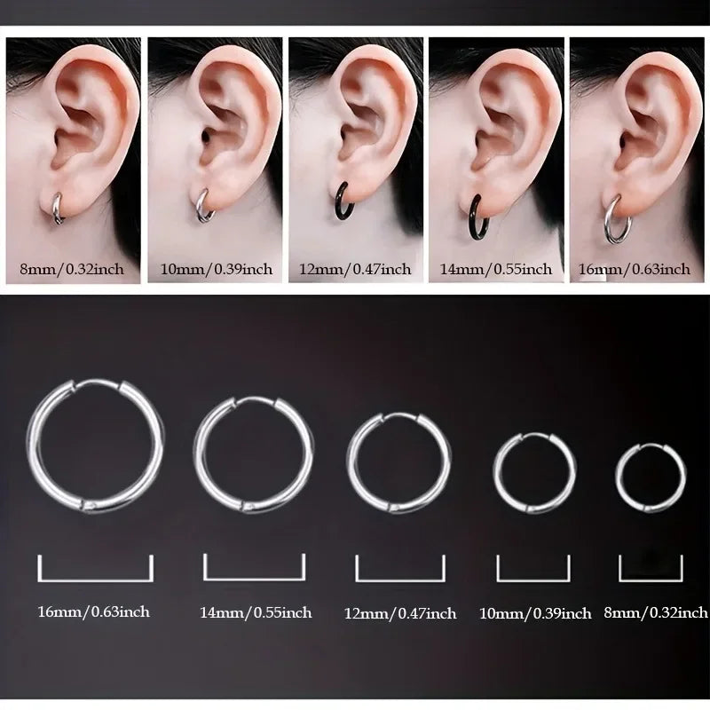 Men's Stainless Steel Hoop Earrings Set - Multiple Colors & Finish Options