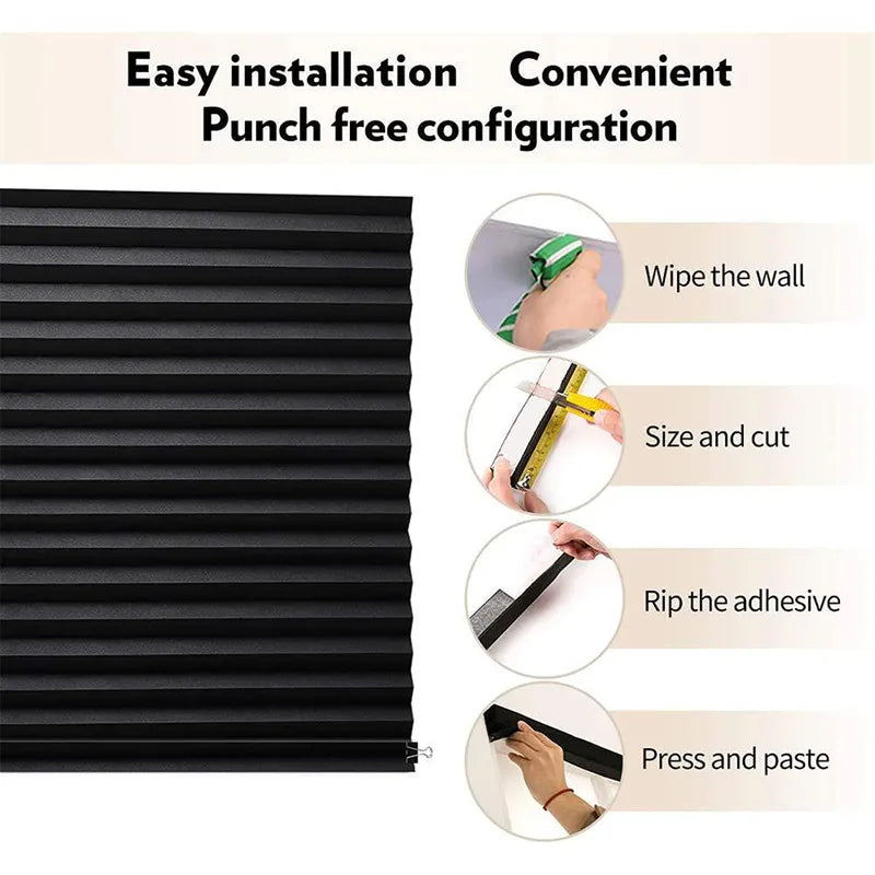Blackout Pleated Window Blinds - Self-Adhesive Cordless Fabric Shades for Room Darkening