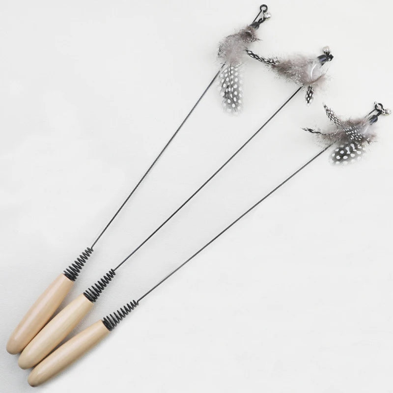 Wooden Handle Spring Teasing Cat Toy with Pearl Feather Replacement Head - Boredom Relief Pet Supply