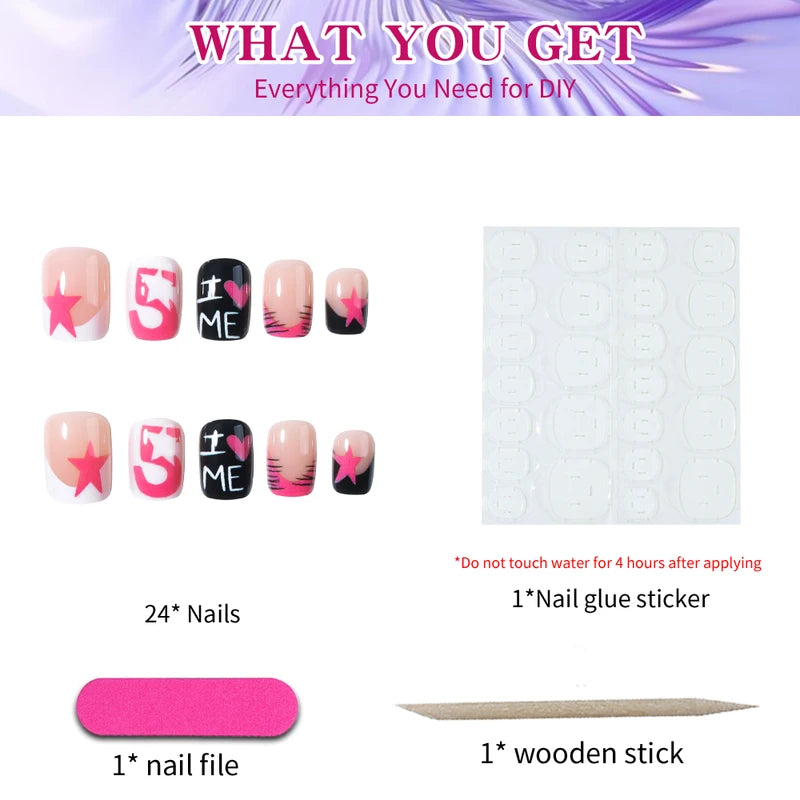 24 Pieces Leopard Print Nail Stickers - Short Square French Nail Art Sets with Heart, Star & Pattern Design