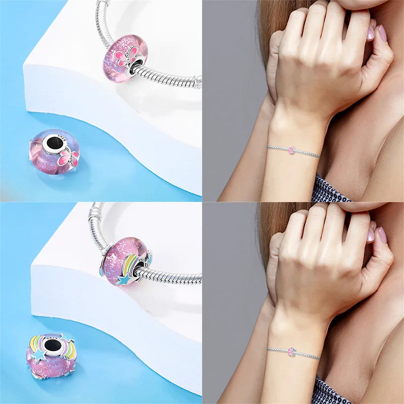 925 Silver Beads Heart Flower Murano Glass DIY Jewelry Charms for Women